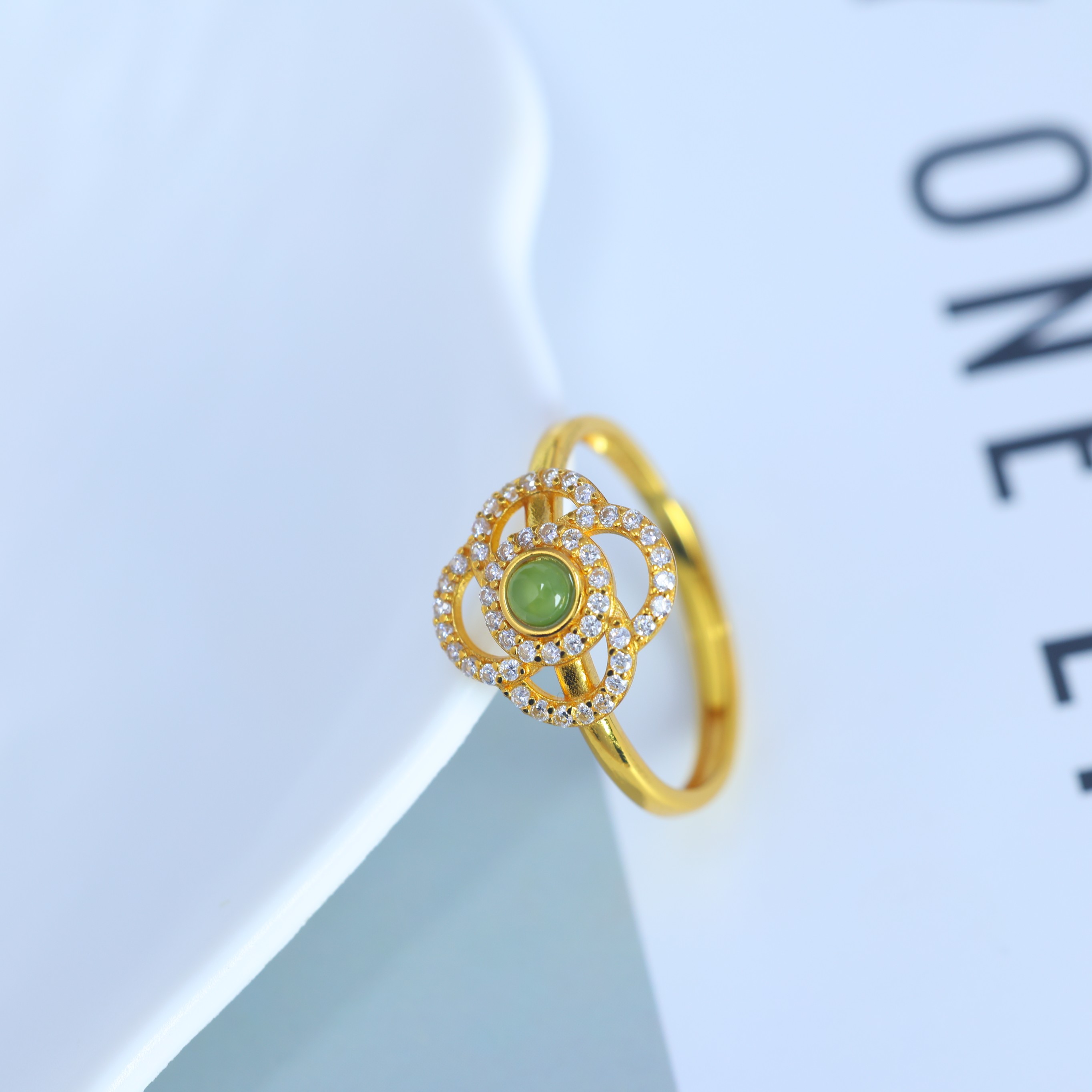 S925 silver inlaid Hetian jade jasper hollow ring 11110