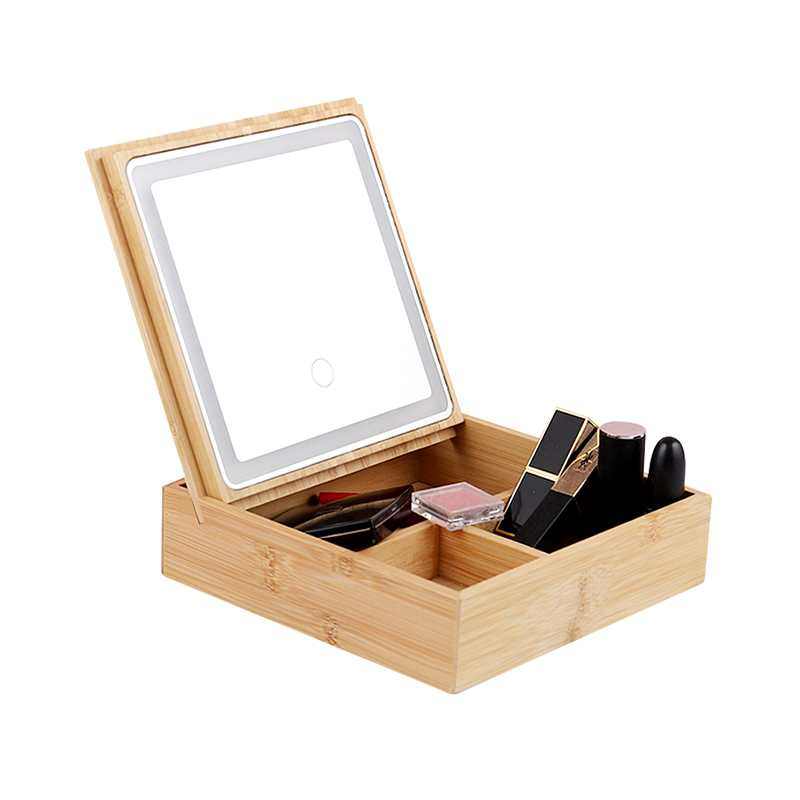 方形折叠化妆镜子带灯收纳盒一体台式桌面梳妆镜翻盖X补光竹木灯,淘宝优惠券,粉丝福利购,淘宝优惠卷