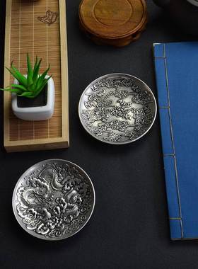 复古小银碟子杯垫浮雕生肖富贵花纹中式古典茶碟银碟摆件镶嵌银元