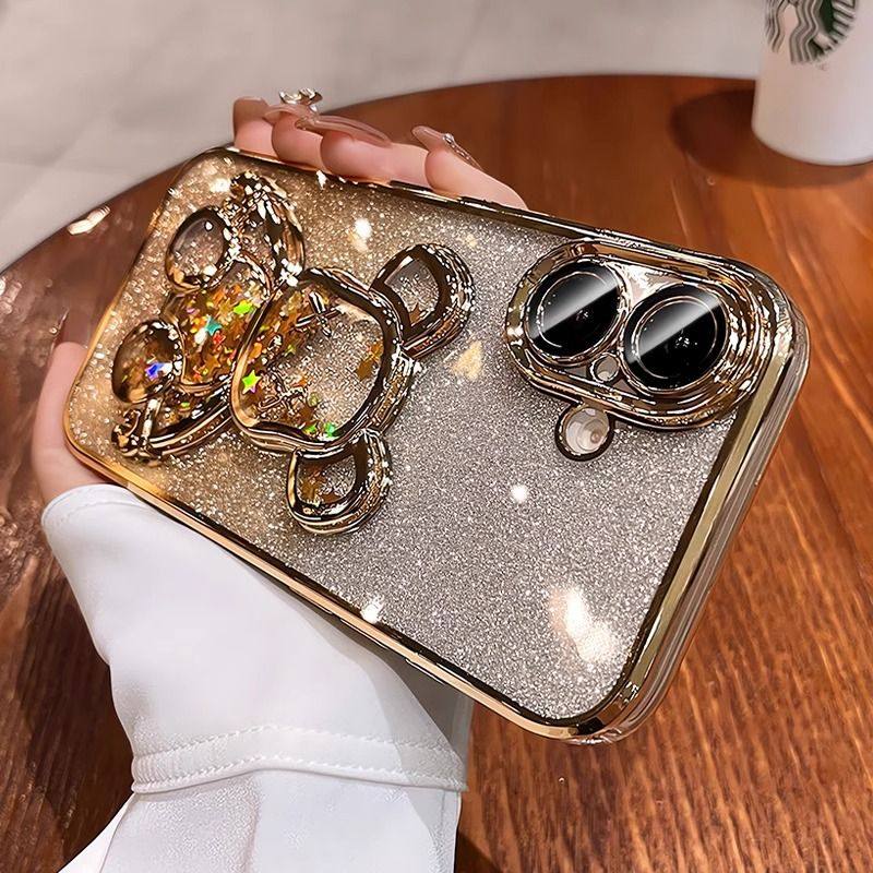 iPhone16Promax手机壳新款流沙熊苹果15带镜头膜14电镀软壳13全包,淘宝优惠券,粉丝福利购,淘宝优惠卷