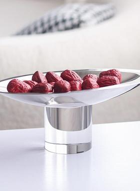 现代轻奢客厅茶几桌面水果盘饰品摆件样板房酒店金属高脚水晶托盘