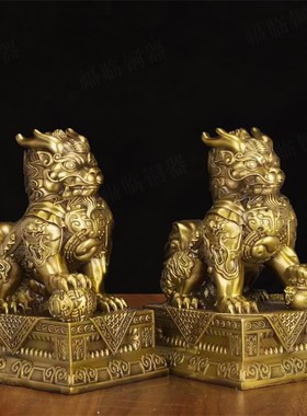 纯黄铜麒麟福财铠甲麒麟摆件一对踩聚宝盆方底座盔甲太极八卦麒麟