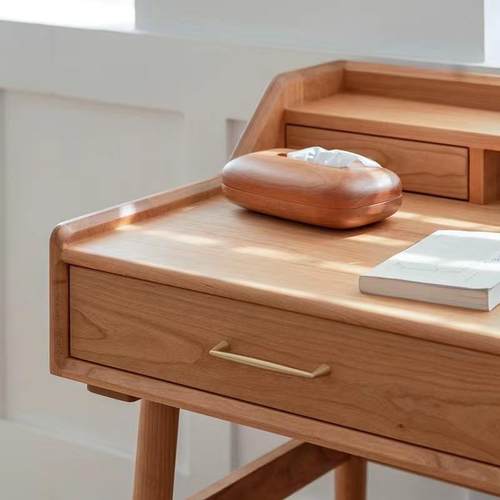 北欧樱桃木实木书桌小户型电脑桌简约写字台梳妆台抽屉现代家用 - 图2