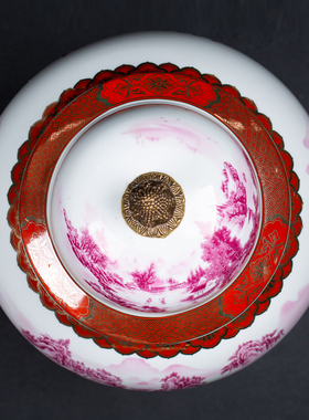 贵夫人铜镶瓷胭脂红江山万里描金纹配铜狮环将军罐景德镇瓷器摆件