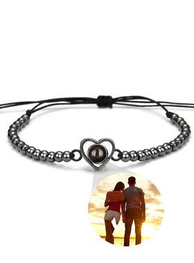 跨境新品爱心串珠投影手链100种语言我爱你高清彩照定 制心形手饰