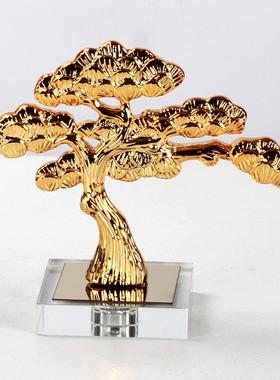 中式迎客松摆件酒店门厅玄关过道桌面工艺品金属松树雕塑软装饰品