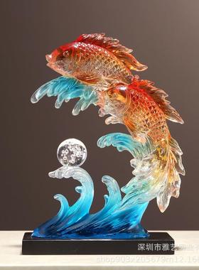 透明高档年年有余金鱼摆件创意玄关酒柜装饰品树脂工艺品乔迁