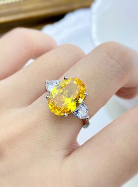 巴西天然黄水晶开口戒指 镀925银镶嵌大克拉宝石欧美招财黄晶女戒