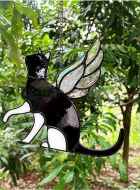 新品彩色玻璃工艺品可爱的玻璃猫咪翅膀天使猫窗饰猫咪纪念品