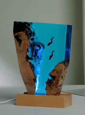 手工创意实木树脂氛围灯海洋自由潜水员桌面摆件深海探索纪念夜灯