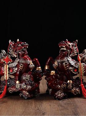 招财麒麟摆件一对中式办公室客厅酒柜麒麟装饰品店铺乔迁开业礼品