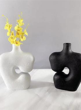 北欧简约创意树脂花瓶客厅样板房插花器黑白色酒店台面工艺摆件