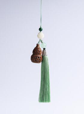 绿檀木刻镂空葫芦香囊手机吊坠挂件装饰钥匙扣挂绳可打开古玩挂件