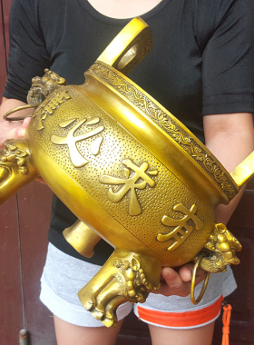 极速铜香炉圆鼎三足炉中式摆件聚宝盆黄铜空心狮头炉家居祠堂供奉