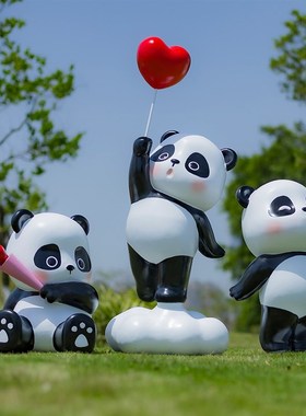 卡通熊猫雕塑仿真动物玻璃钢云朵气球幼J儿园店铺落地摆件户外装