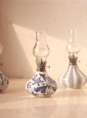 复古老货陶瓷煤油灯釉下彩手绘花瓶摆件色彩雅致脱俗