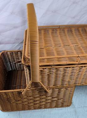 M112家用拜拜篮双层野餐篮拜神专用长方形手提篮子手工编织藤篮