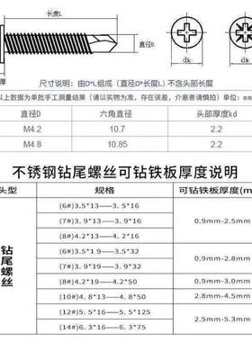 厂价不锈钢粗牙华司钻尾圆头宽牙束尾自钻自攻燕尾M4.8*50