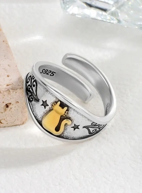 创意个性猫咪戒指日韩男女学生网红时尚设计镀银染黑分色食指手饰