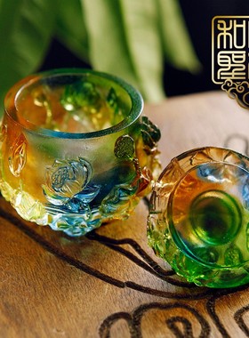 佛堂供具浮雕莲花贡杯供佛财神观音古法琉璃供水杯大悲水圣水杯