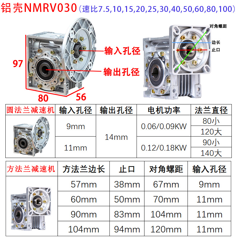 rv40 50 63 75 90-80B5减速机蜗轮蜗杆齿轮箱B14铝NMRV涡轮减速器 - 图3