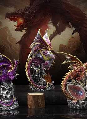 新款直销欧美跨境神龙雕塑万圣节骷髅龙权力的游戏桌面装饰摆件树