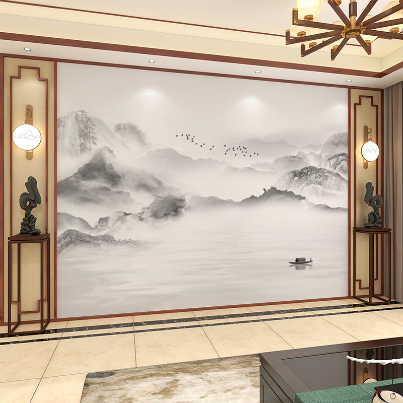 现代水墨无缝影视墙壁纸新背景中式电视客厅壁画沙发意境墙布山水,淘宝优惠券,粉丝福利购,淘宝优惠卷