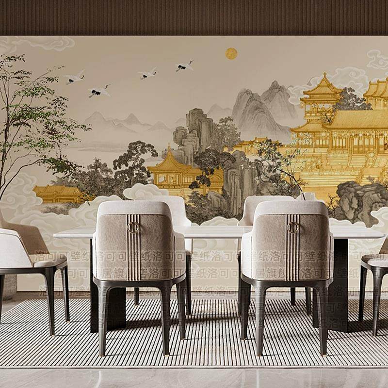 祥云仙鹤壁纸轻奢新中式山水楼阁壁布电视背景墙布画客厅沙发壁纸,淘宝优惠券,粉丝福利购,淘宝优惠卷