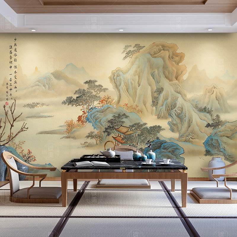 新中式国画沙发新壁纸墙面背景墙壁画客厅沙发卧室墙壁布山水饭店,淘宝优惠券,粉丝福利购,淘宝优惠卷