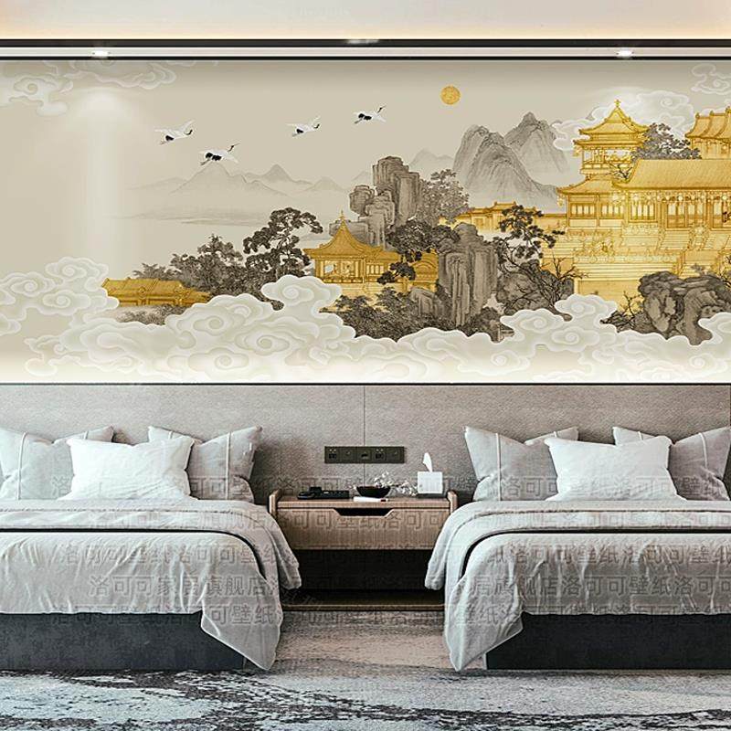 祥云仙鹤壁纸轻奢新中式山水楼阁壁布电视背景墙布画客厅沙发壁纸,淘宝优惠券,粉丝福利购,淘宝优惠卷