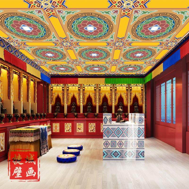 天花板城墙民族坛布荷花藏式壁画莲墙纸壁纸唐卡金色吊顶佛堂酒店,淘宝优惠券,粉丝福利购,淘宝优惠卷