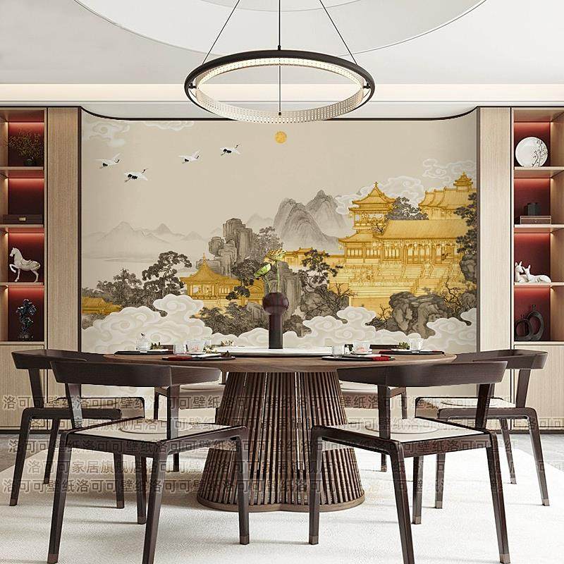 祥云仙鹤壁纸轻奢新中式山水楼阁壁布电视背景墙布画客厅沙发壁纸,淘宝优惠券,粉丝福利购,淘宝优惠卷