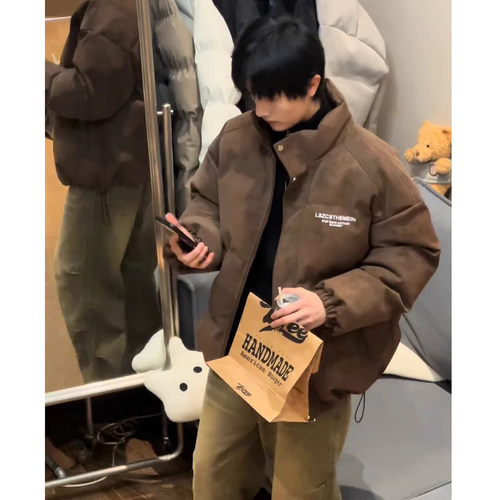 美式雾面pu皮羽绒棉服男款冬季短款廓形面包服高级感痞帅棉衣外套 - 图3