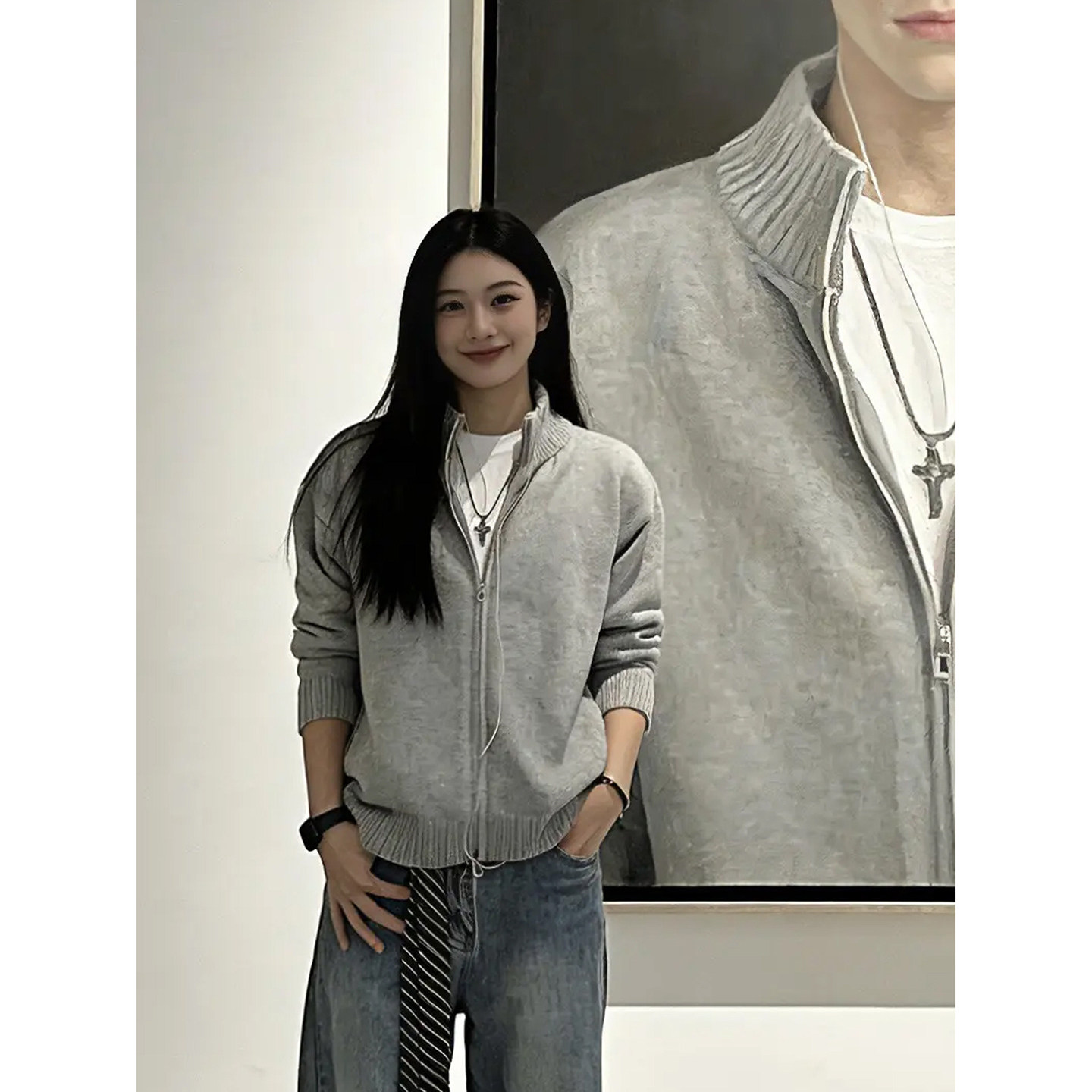 浅灰色开衫立领毛衣男女春季高级感慵懒针织衫老钱风美式复古外套,淘宝优惠券,粉丝福利购,淘宝优惠卷