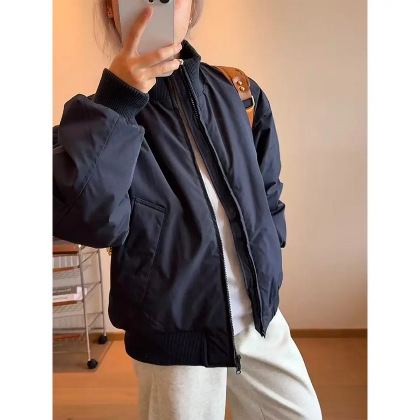 藏青色bomber飞行夹克羽绒服冬季男短款立领棒球棉服美式二棉外套 - 图1