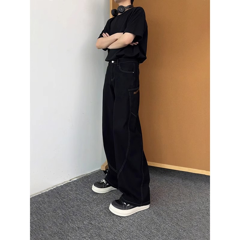 蛇年限定原牛A字牛仔裤男春秋季美式工装弯刀裤子宽松直筒阔腿裤 - 图0