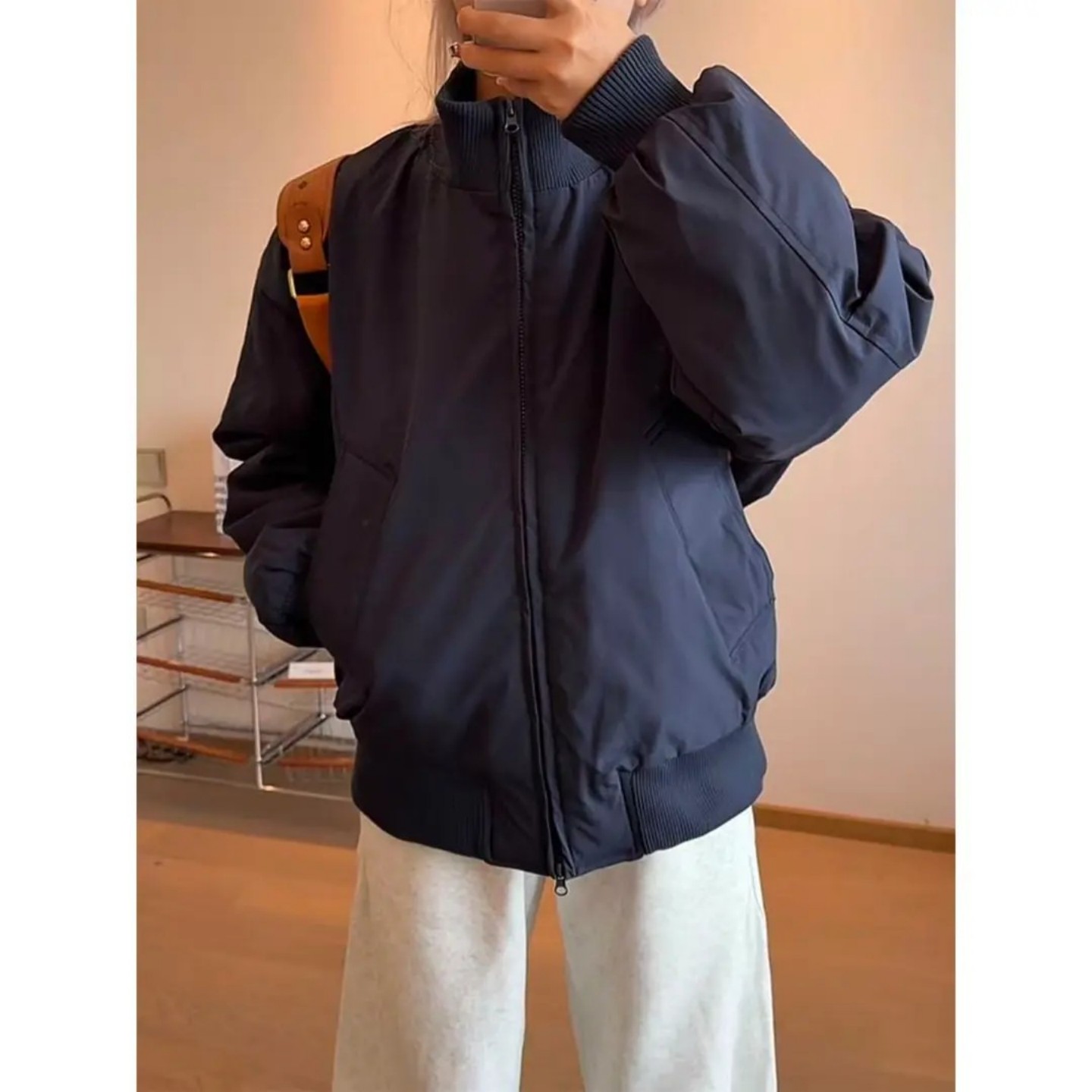 藏青色bomber飞行夹克羽绒服冬季男短款立领棒球棉服美式二棉外套 - 图2