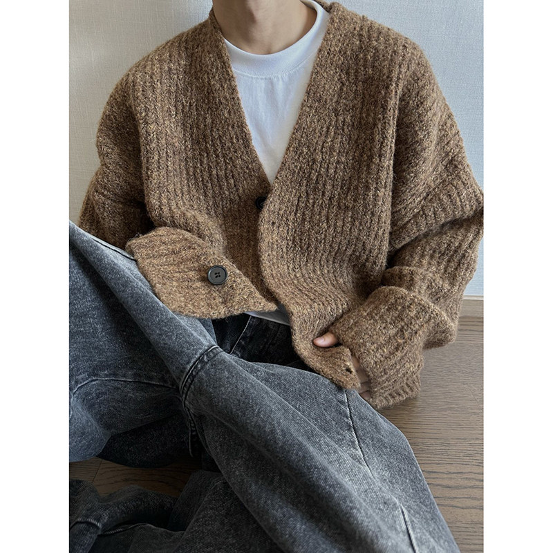 美式复古粗毛呢开衫毛衣男开春穿搭高级感外套重磅情侣慵懒针织衫,淘宝优惠券,粉丝福利购,淘宝优惠卷