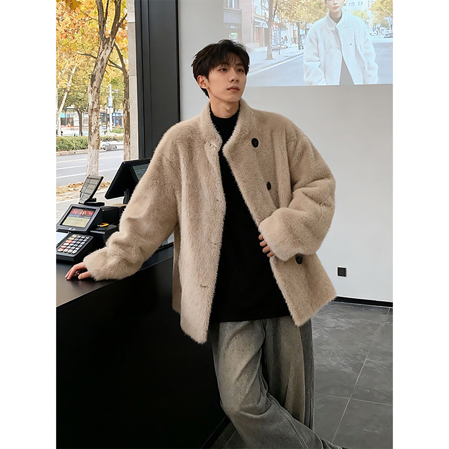 韩系仿兔毛派克皮草服男款冬季皮毛一体棉服外套加厚保暖立领夹克,淘宝优惠券,粉丝福利购,淘宝优惠卷