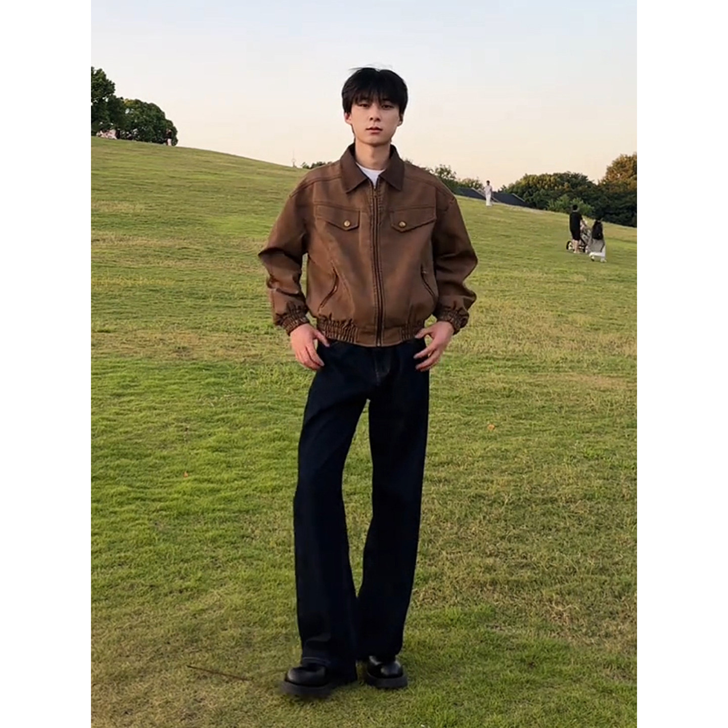 美拉德短款皮衣外套男秋季酷帅穿搭一整套廓形工装夹克丹宁牛仔裤,淘宝优惠券,粉丝福利购,淘宝优惠卷