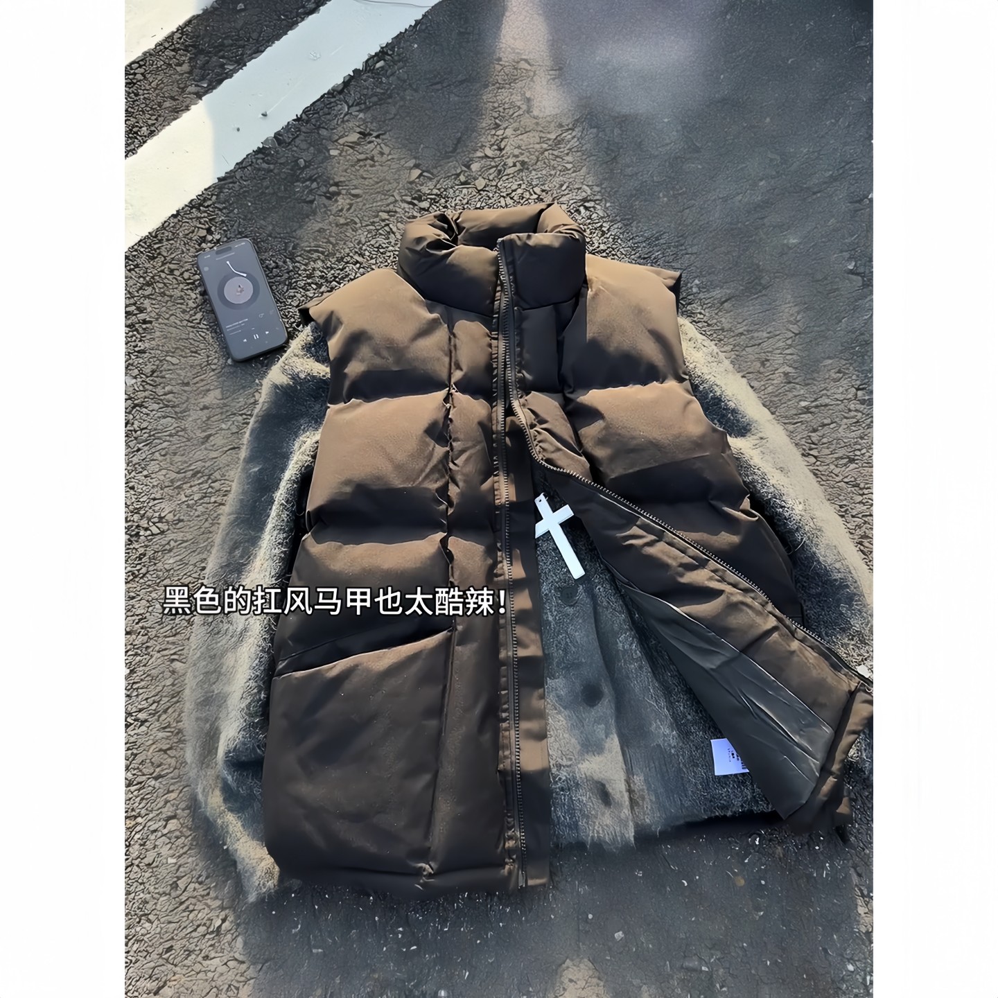 黑色无袖工装羽绒马甲男冬季机能多口袋坎肩外穿加厚立领棉服外套 - 图1