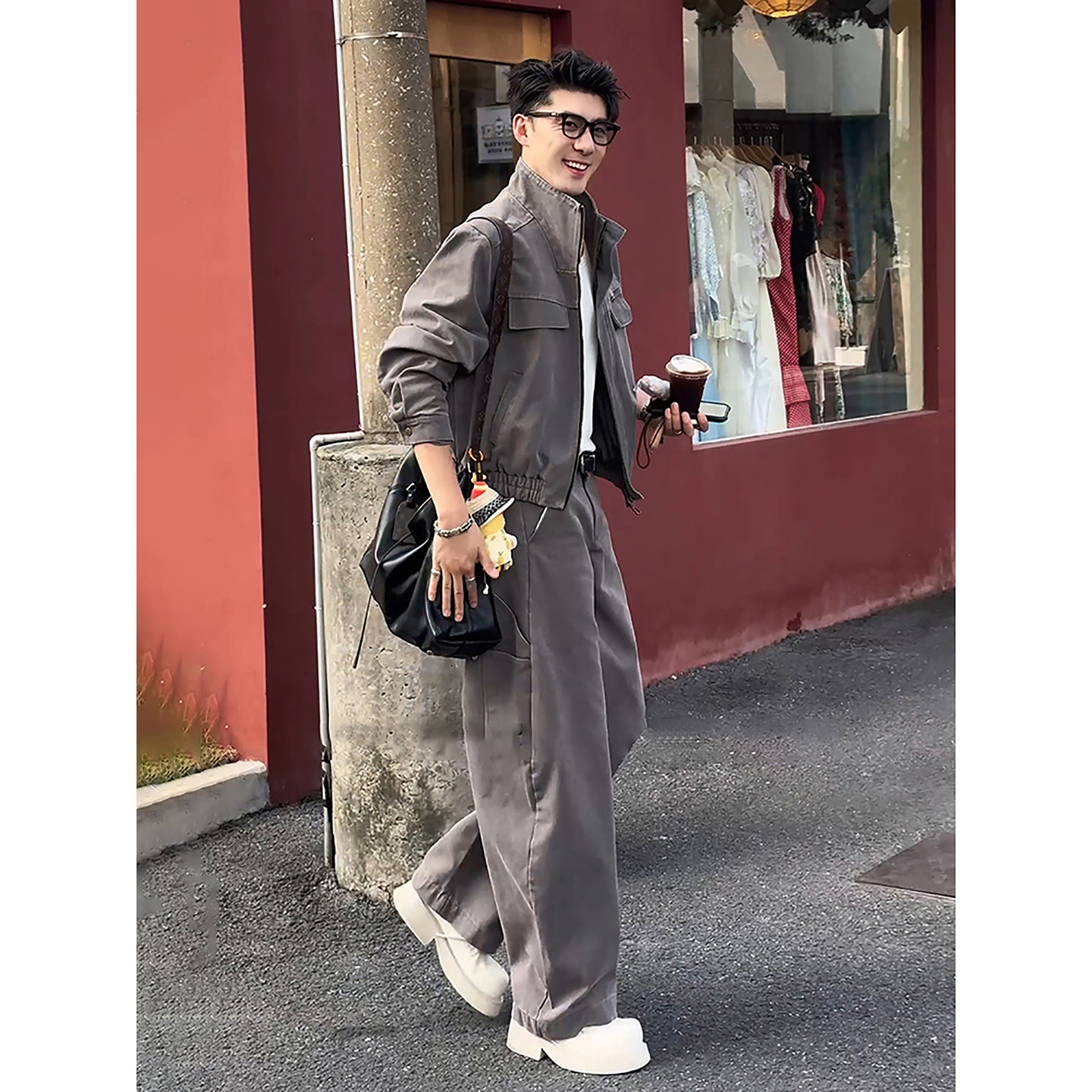 美式短款立领夹克外套男酷帅穿搭一整套高级感阔腿直筒工装裤套装,淘宝优惠券,粉丝福利购,淘宝优惠卷