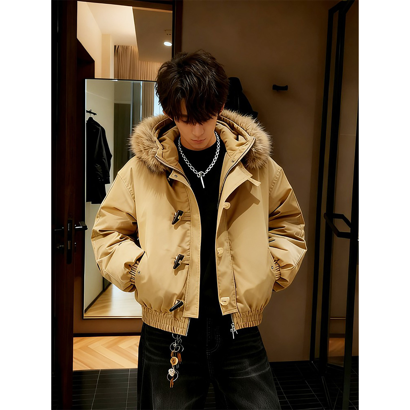 卡其色牛角扣毛领羽绒棉服男冬季美式短款连帽派克服座山雕棉外套,淘宝优惠券,粉丝福利购,淘宝优惠卷