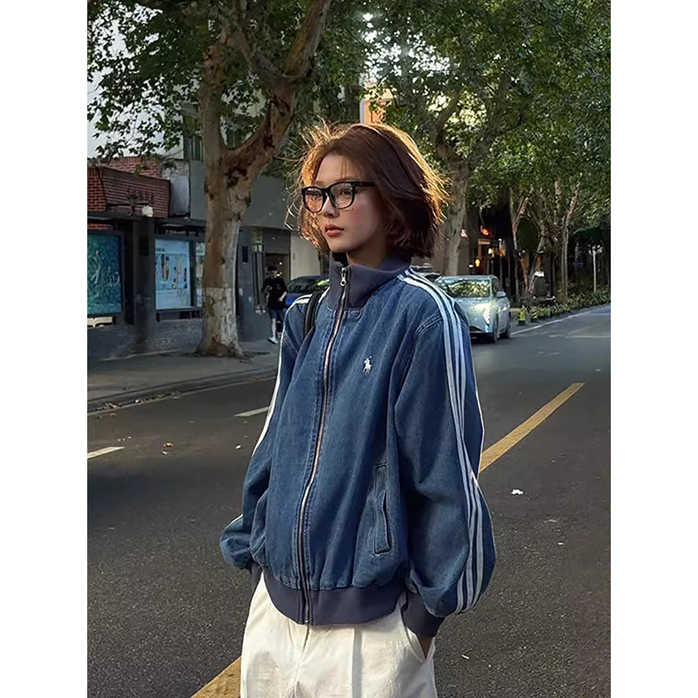 美式复古运动风牛仔外套男女立领拉链三条杠夹克短款水洗蓝棒球服,淘宝优惠券,粉丝福利购,淘宝优惠卷