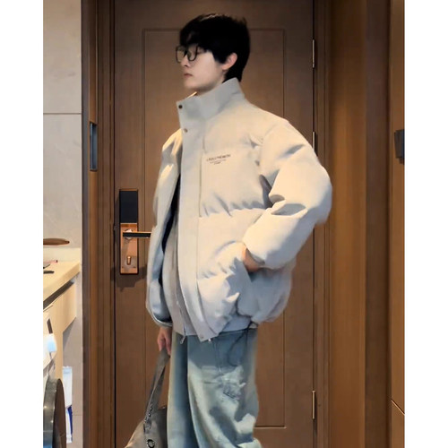 美式雾面pu皮羽绒棉服男款冬季短款廓形面包服高级感痞帅棉衣外套 - 图0