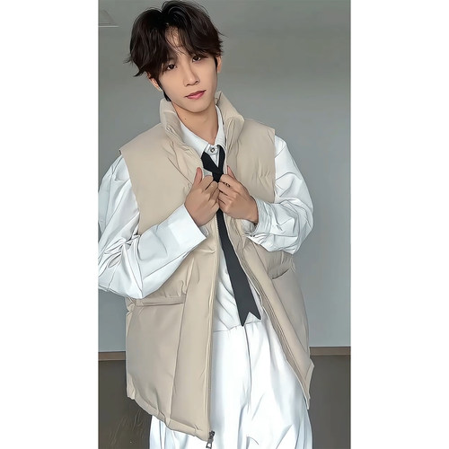 米灰色立领轻薄羽绒马甲男冬季可外穿保暖棉服背心青少年坎肩外套 - 图0