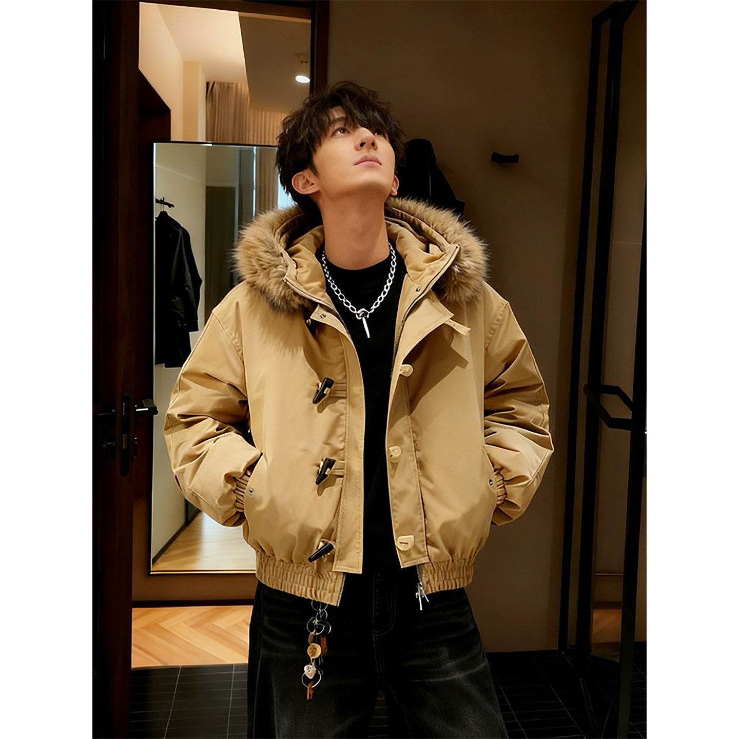 卡其色牛角扣毛领羽绒棉服男冬季美式短款连帽派克服座山雕棉外套,淘宝优惠券,粉丝福利购,淘宝优惠卷