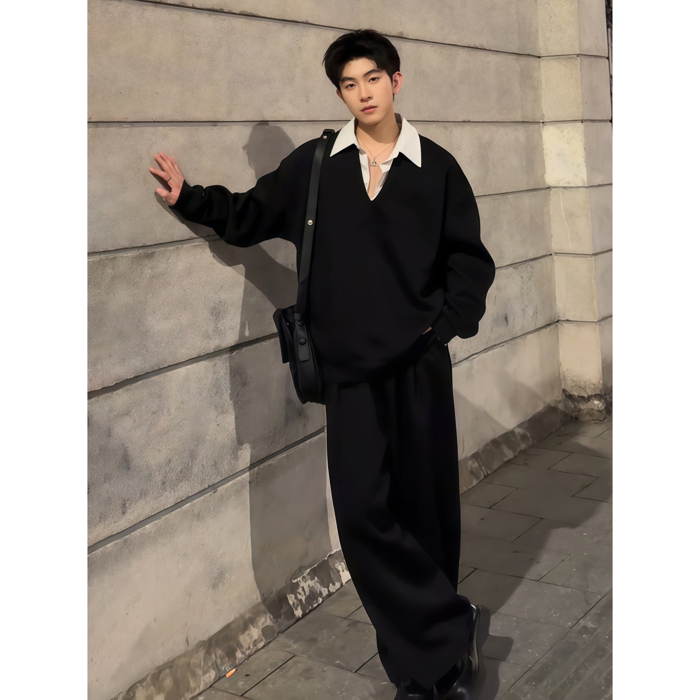 假两件衬衫领卫衣阔腿弯刀卫裤男生韩系一整套ootd穿搭慵懒松弛感 - 图0