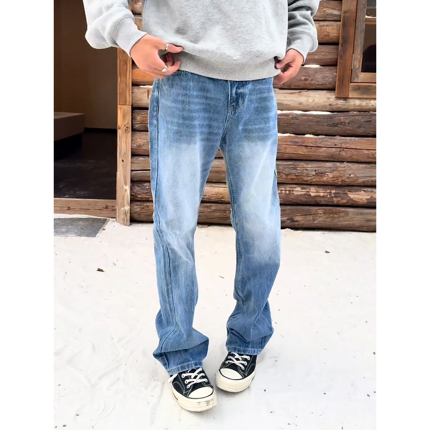 浅蓝色弹力牛仔裤男款美式高街cleanfit裤子直筒显腿长微喇弯刀裤 - 图1