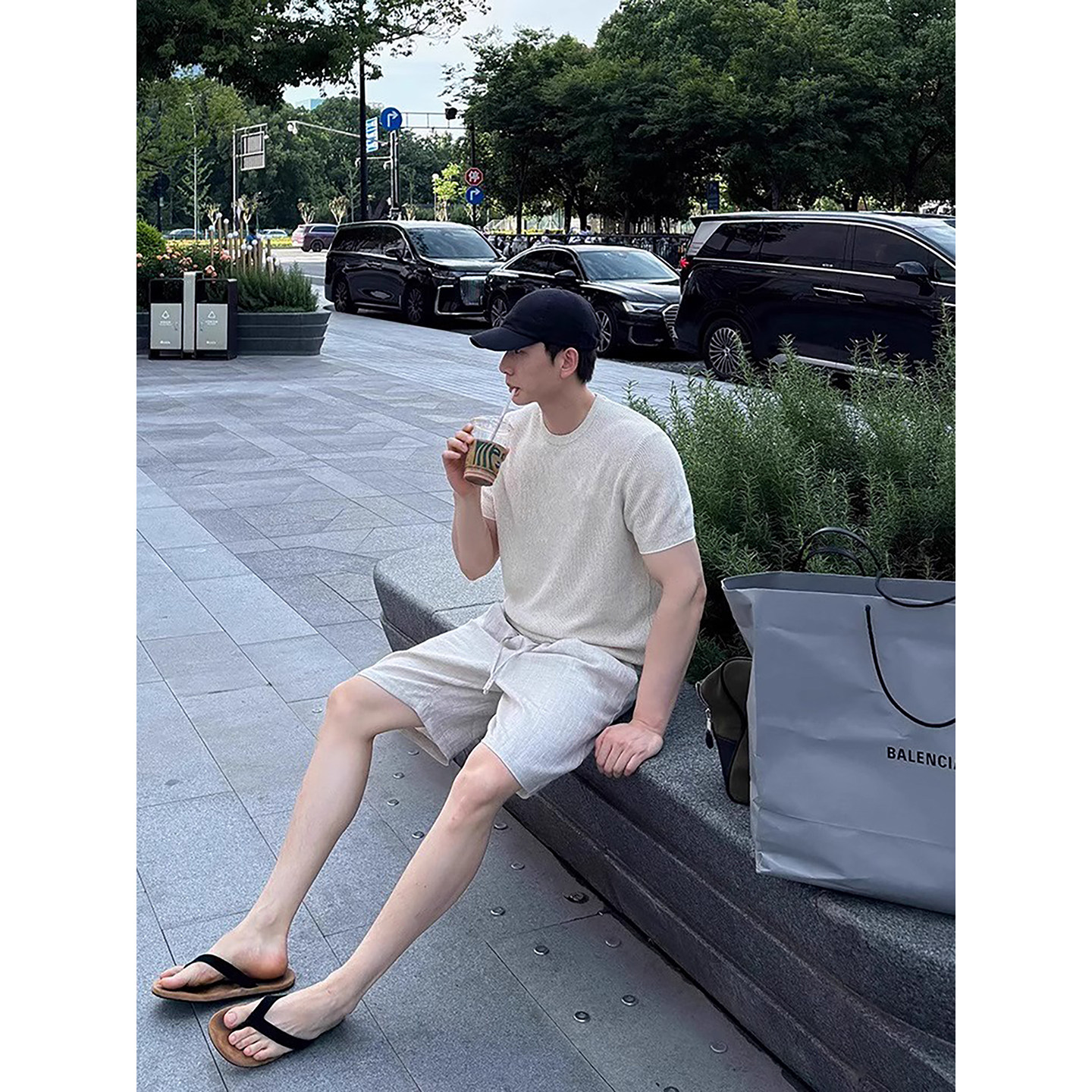 轻奢老钱风针织短袖t恤垂感亚麻西裤男生酷帅穿搭套装痞帅高级感,淘宝优惠券,粉丝福利购,淘宝优惠卷